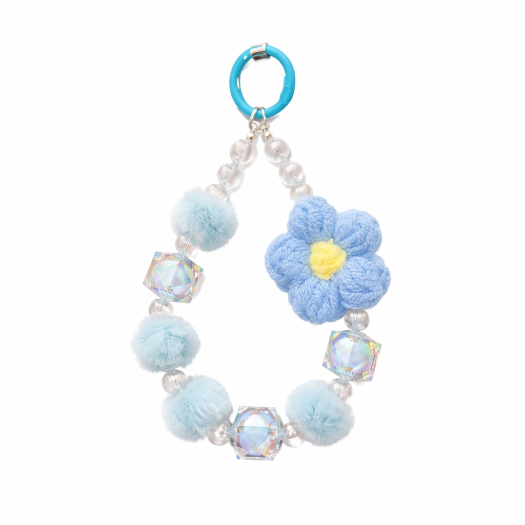 Pastel Crochet Flower Mobile Charm with Beads & Pom Poms