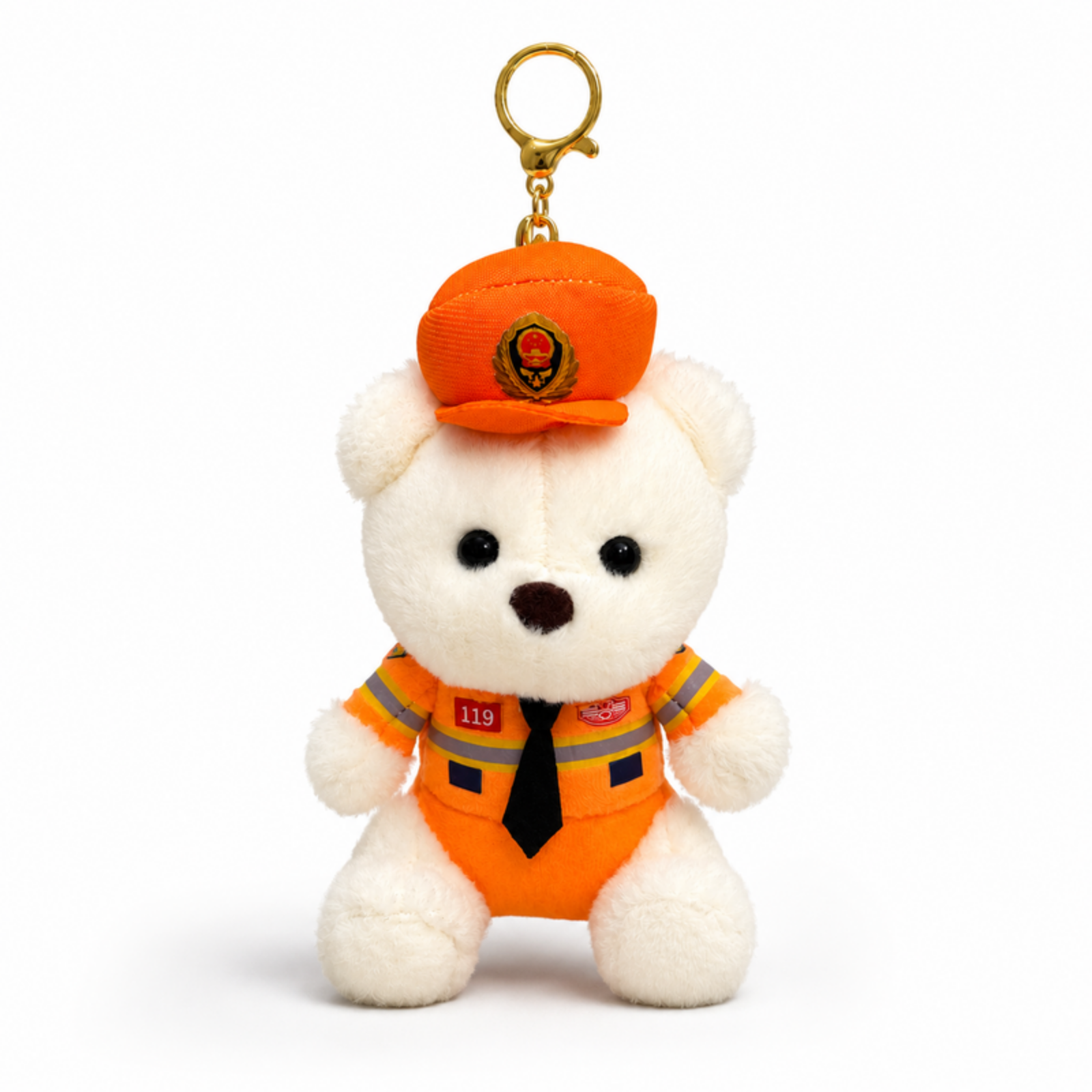 White Safety Teddy Plush Bag Charm with Orange Uniform