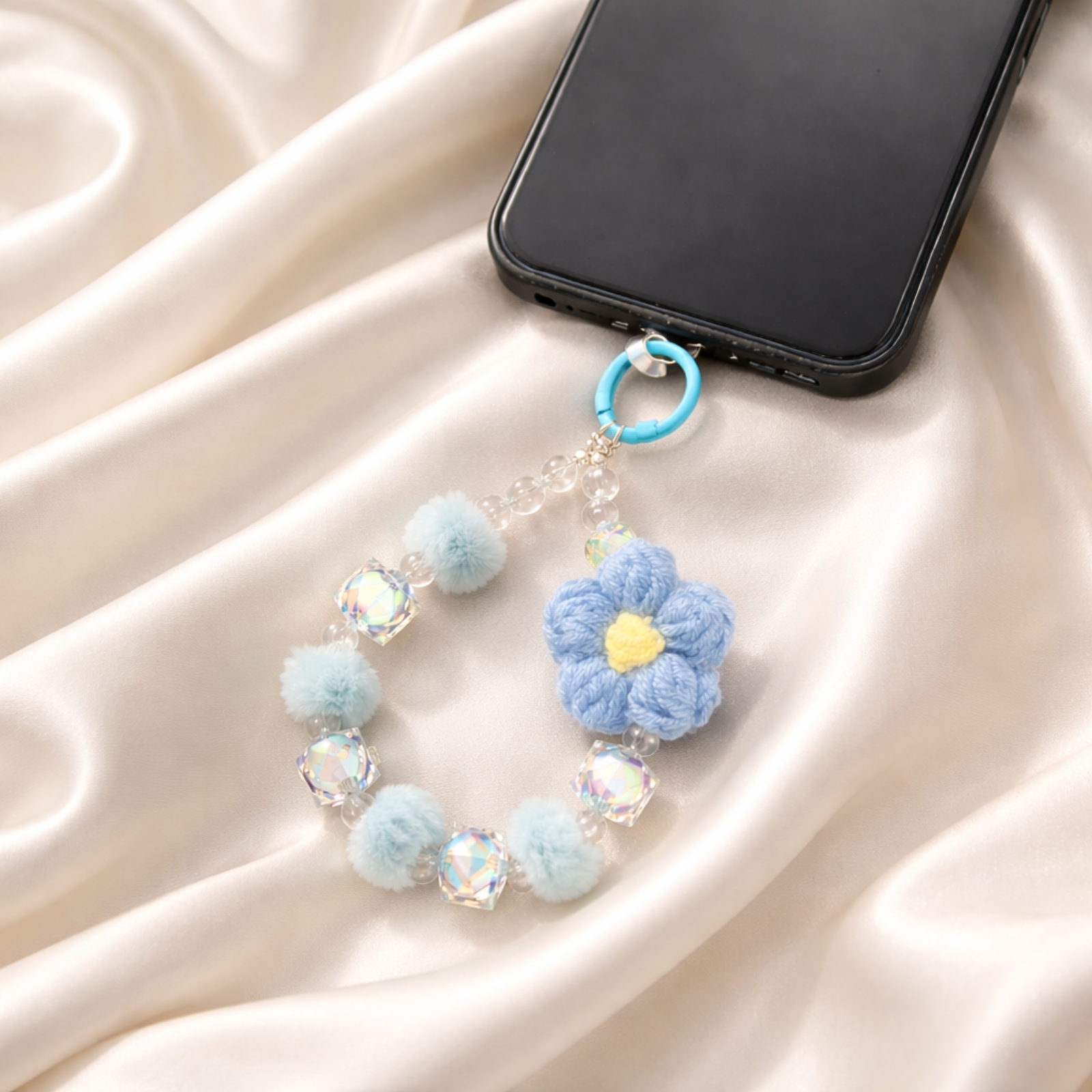 Pastel Crochet Flower Mobile Charm with Beads & Pom Poms