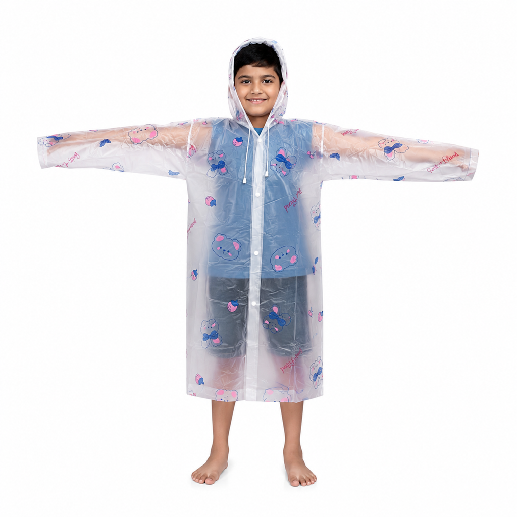Clear Kids Raincoat with Blue Pink Bear Print