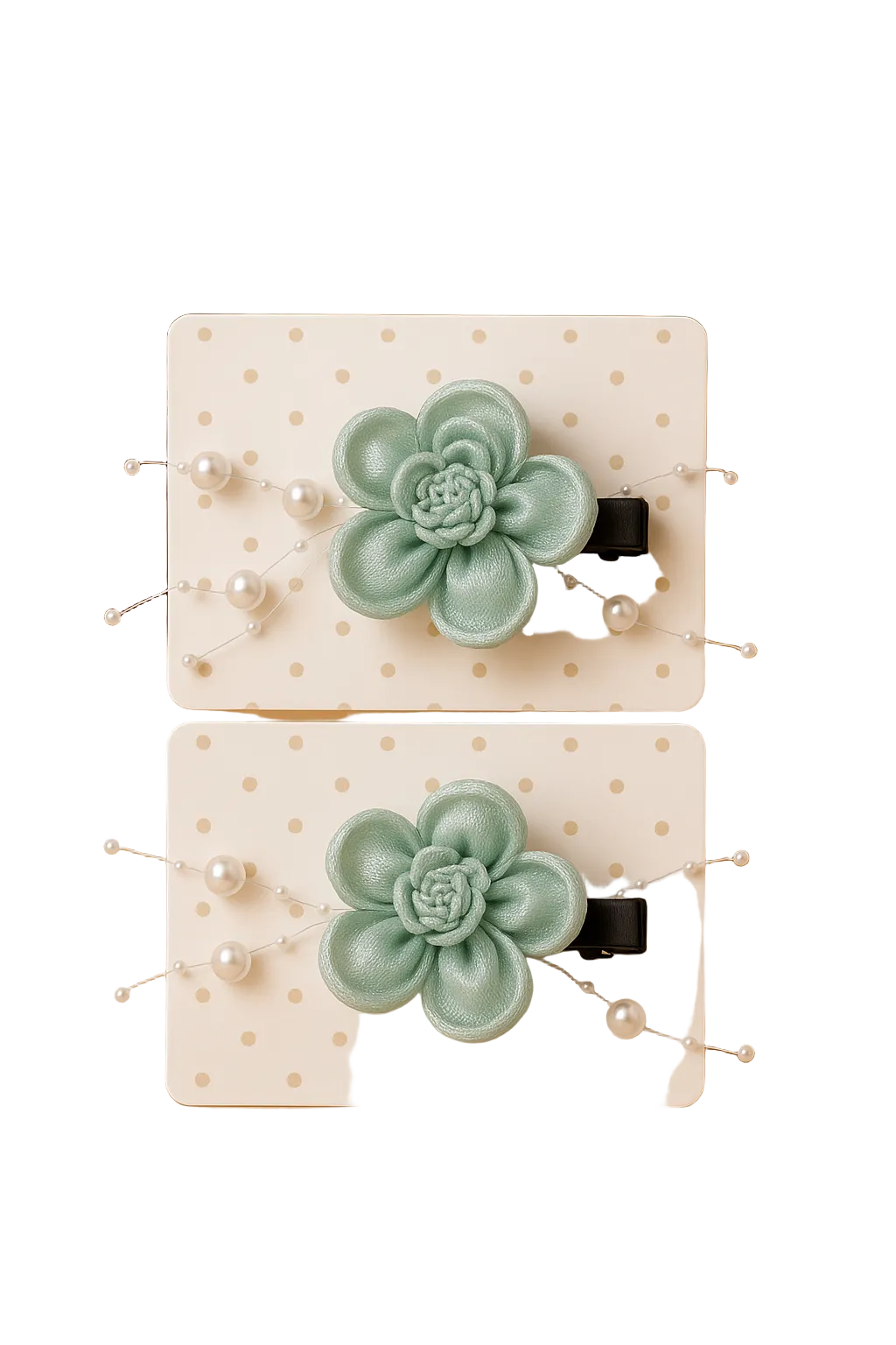 Two green succulent-shaped hair clips on a white card with a beige background