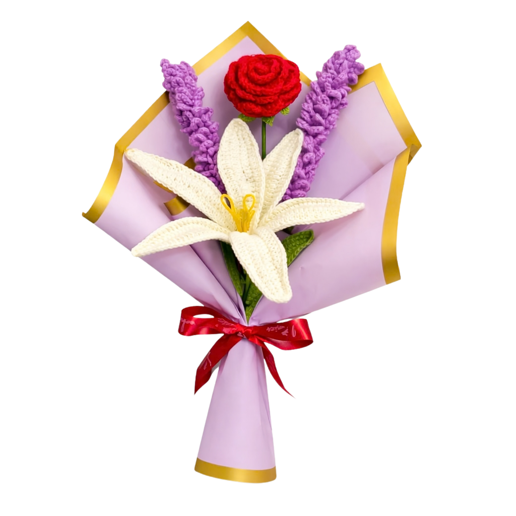 Handmade Crochet Flower Bouquet with Red Rose, White Lily & Lavender