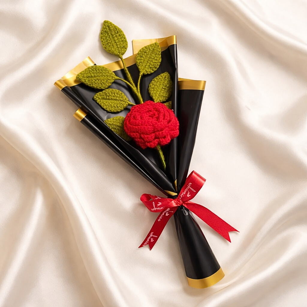 Handmade Crochet Flower Bouquet with Red Rose