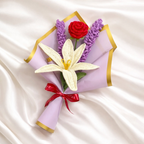 Handmade Crochet Flower Bouquet with Red Rose, White Lily & Lavender