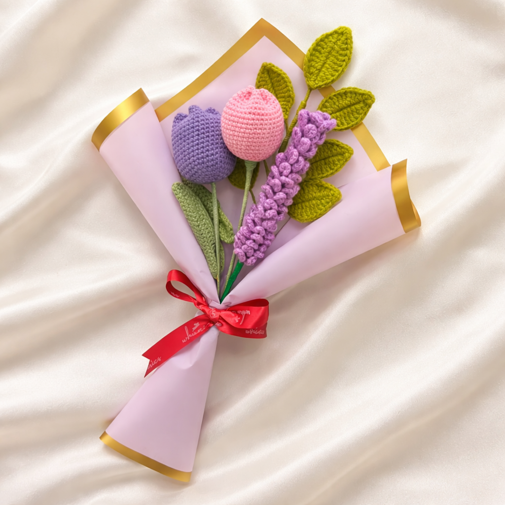 Handmade Crochet Flower Bouquet with Tulips & Lavender
