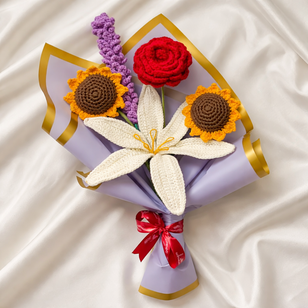 Handmade Crochet Flower Bouquet with Sunflowers, Rose, Lily & Lavender