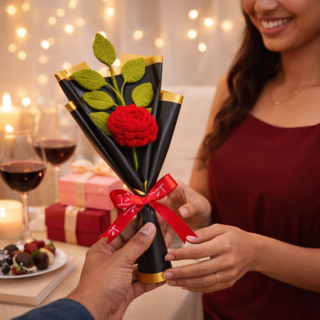 Handmade Crochet Flower Bouquet with Red Rose
