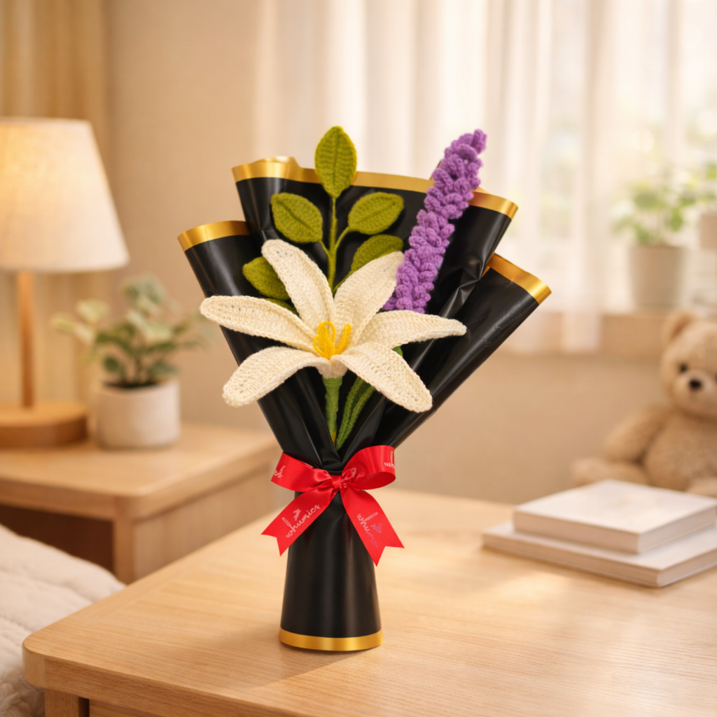 Handmade Crochet Flower Bouquet with Lily & Lavender