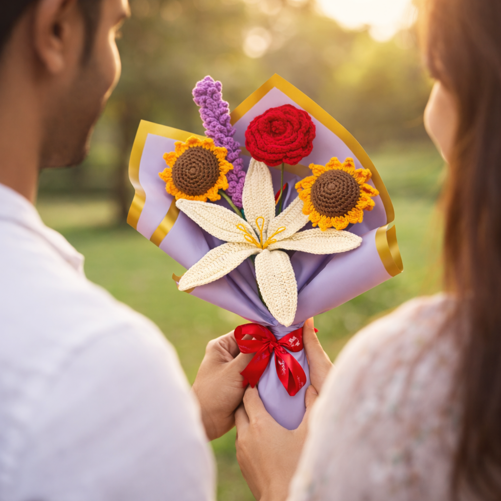 Handmade Crochet Flower Bouquet with Sunflowers, Rose, Lily & Lavender