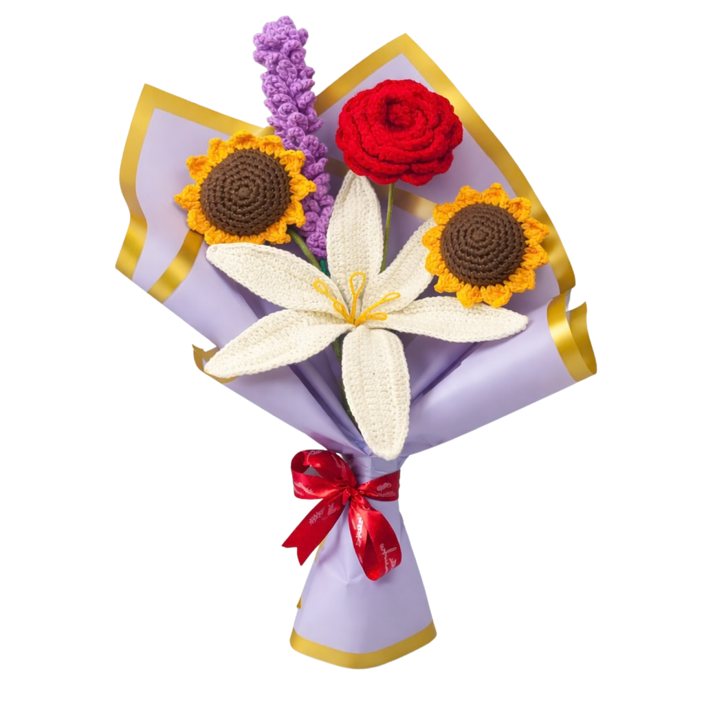 Handmade Crochet Flower Bouquet with Sunflowers, Rose, Lily & Lavender