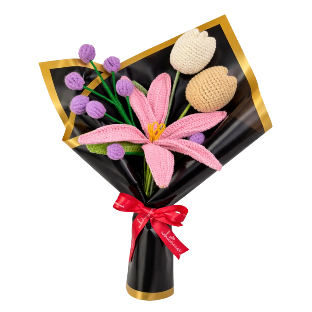 Handmade Crochet Flower Bouquet with Pink Lily & Tulips