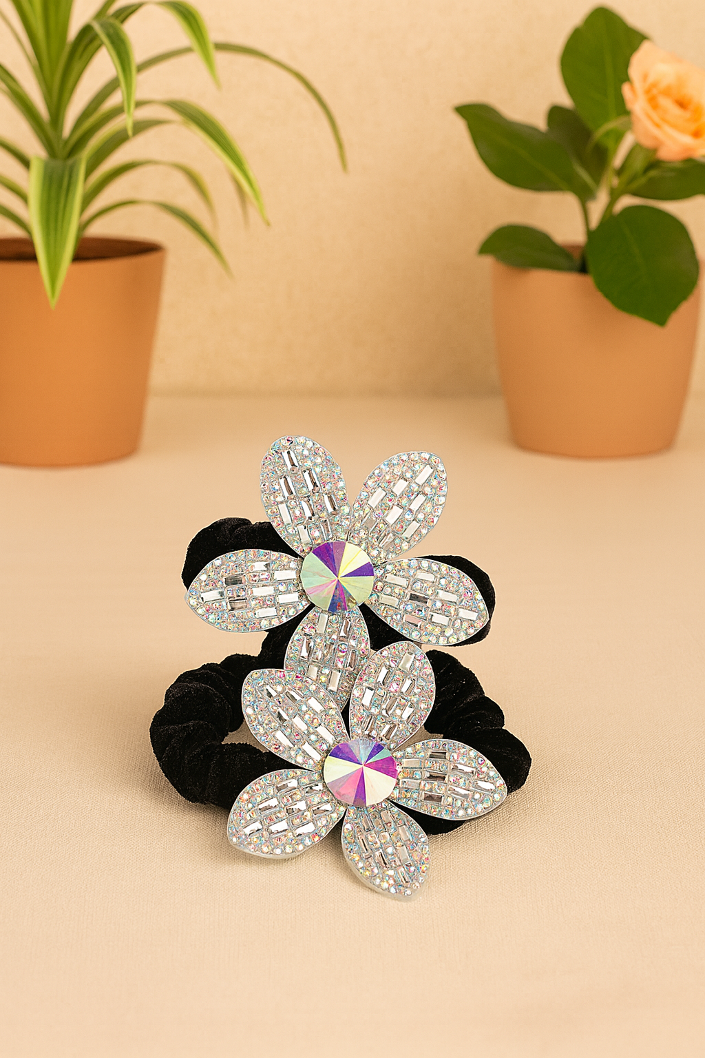Whumies Crystal Flower Hair Ties | Elegant Black Velvet Scrunchies