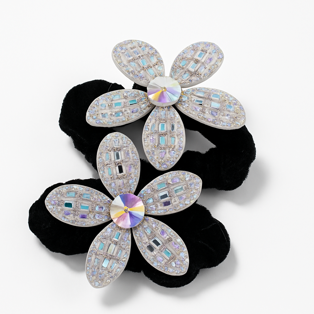 Whumies Crystal Flower Hair Ties | Elegant Black Velvet Scrunchies