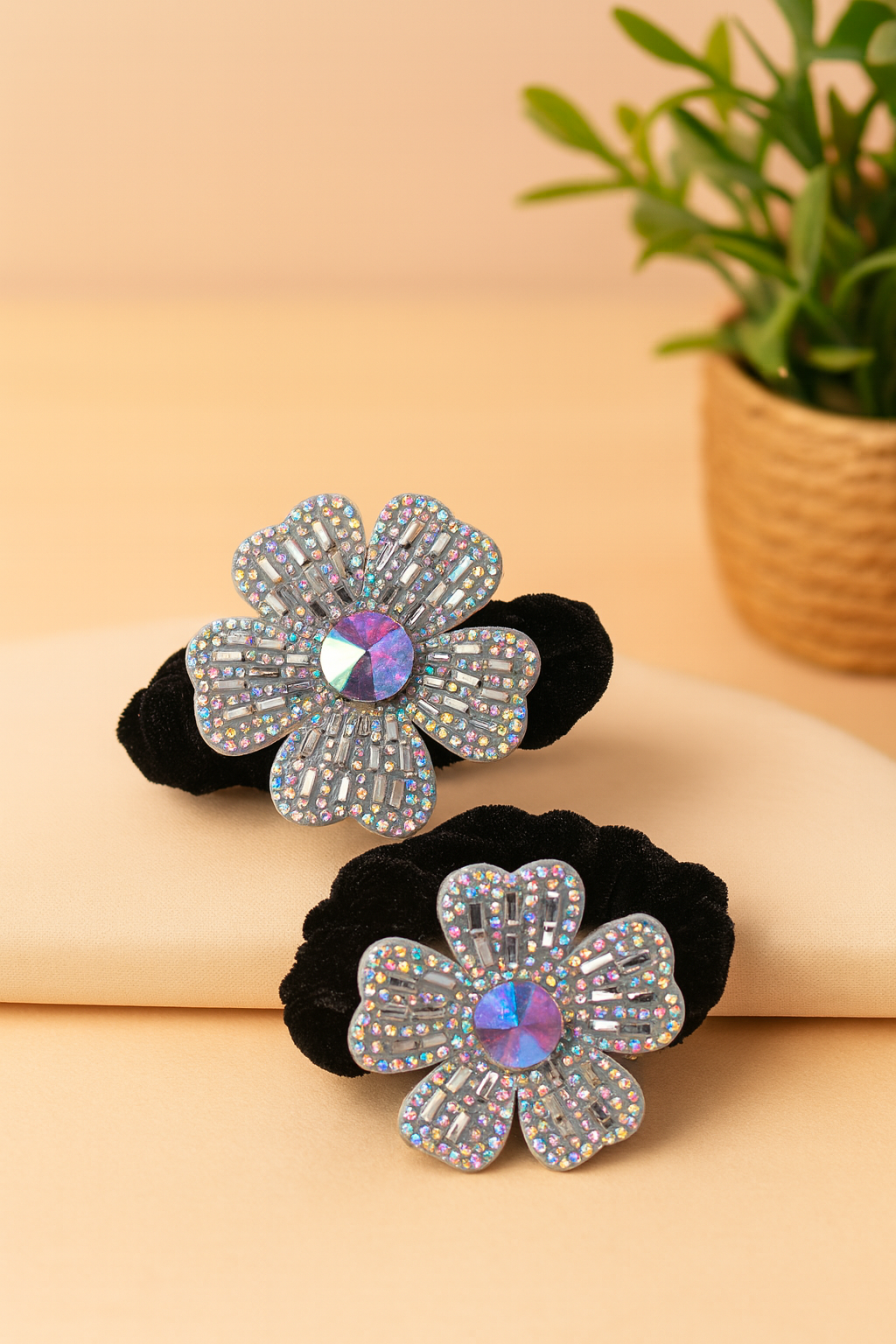 Whumies Crystal Flower Hair Ties | Elegant Black Velvet Scrunchies