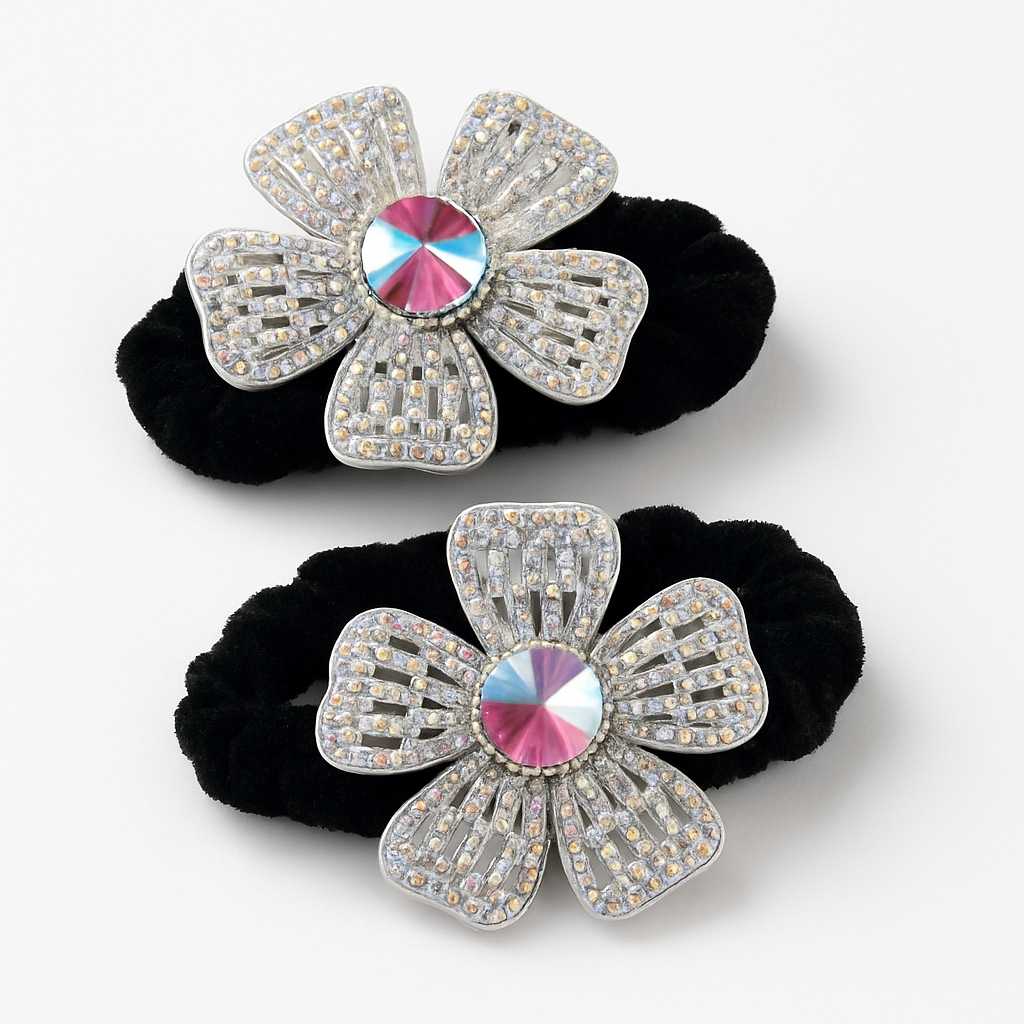 Whumies Crystal Flower Hair Ties | Elegant Black Velvet Scrunchies