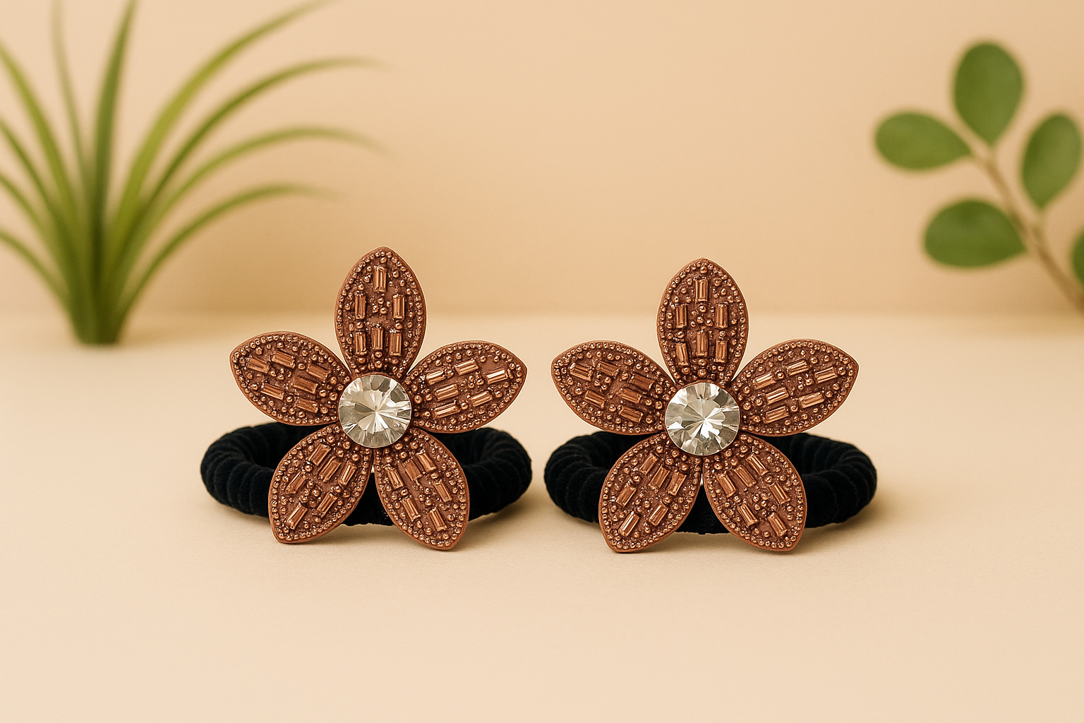 Crystal Flower Hair Ties | Elegant Black Velvet Scrunchies