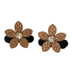 Pair of decorative hair ties with floral designs and rhinestones on a white background