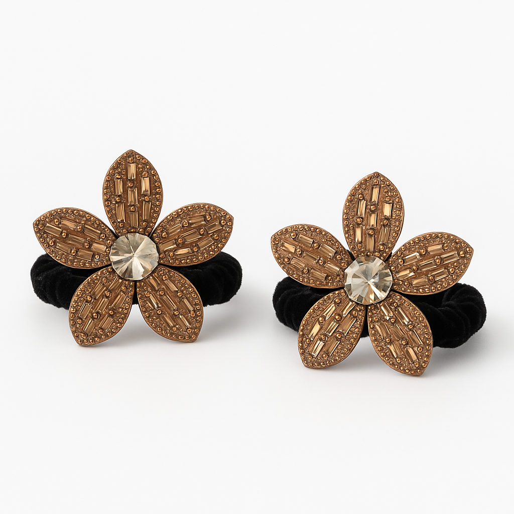 Whumies Crystal Flower Hair Ties | Elegant Black Velvet Scrunchies