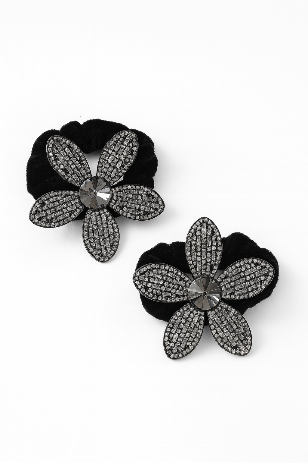 Whumies Crystal Flower Hair Ties | Elegant Black Velvet Scrunchies