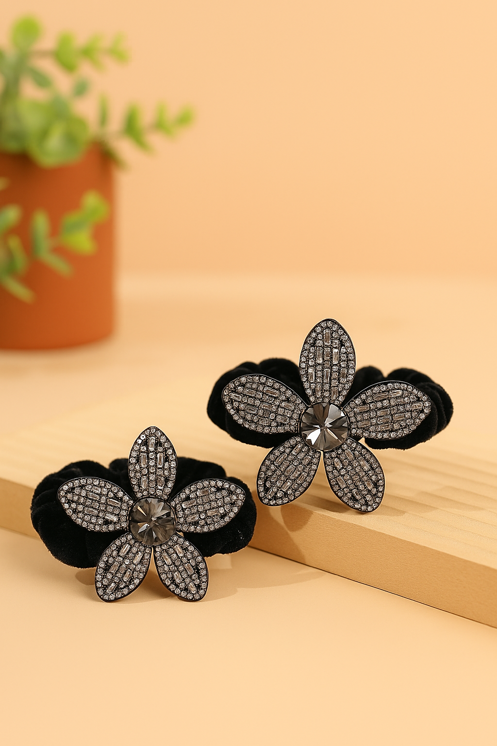 Crystal Flower Hair Ties | Elegant Black Velvet Scrunchies