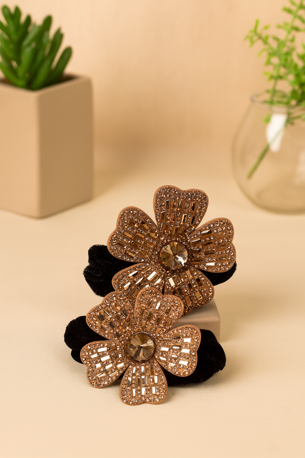 Crystal Flower Hair Ties | Elegant Black Velvet Scrunchies