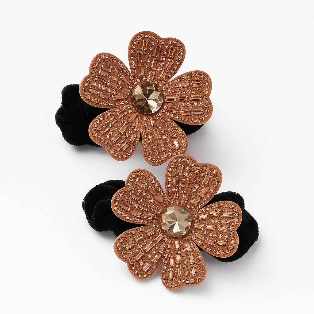 Whumies Crystal Flower Hair Ties | Elegant Black Velvet Scrunchies