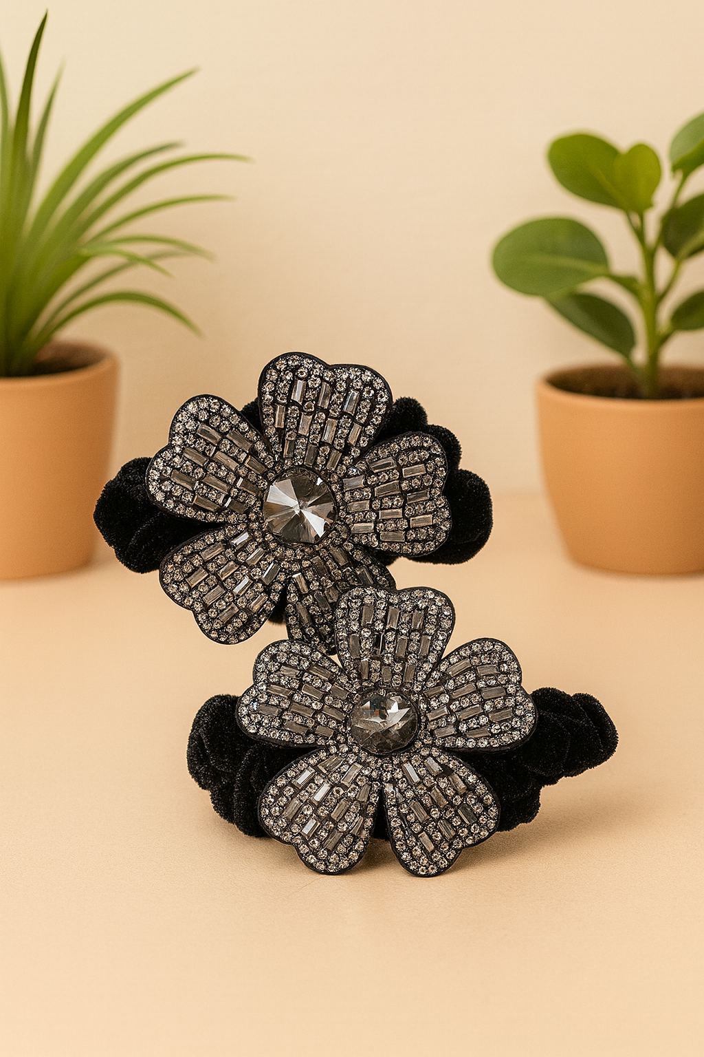 Crystal Flower Hair Ties | Elegant Black Velvet Scrunchies