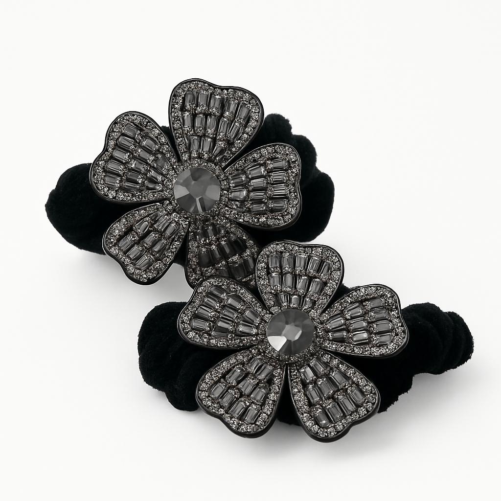 Whumies Crystal Flower Hair Ties | Elegant Black Velvet Scrunchies
