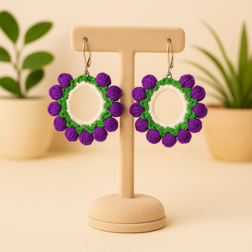 Handmade Crochet Hoop Earrings | Purple & Green Floral Design