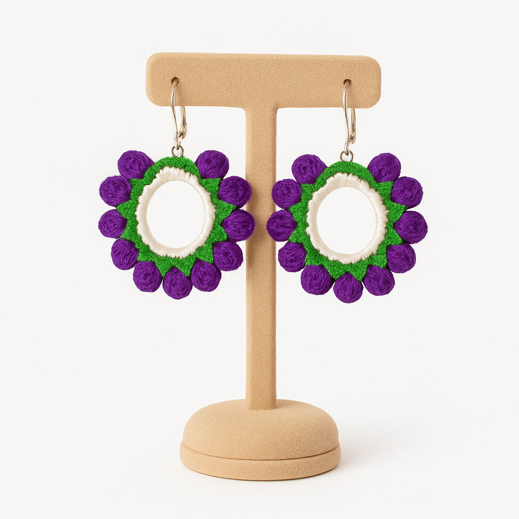 Handmade Crochet Hoop Earrings | Purple & Green Floral Design