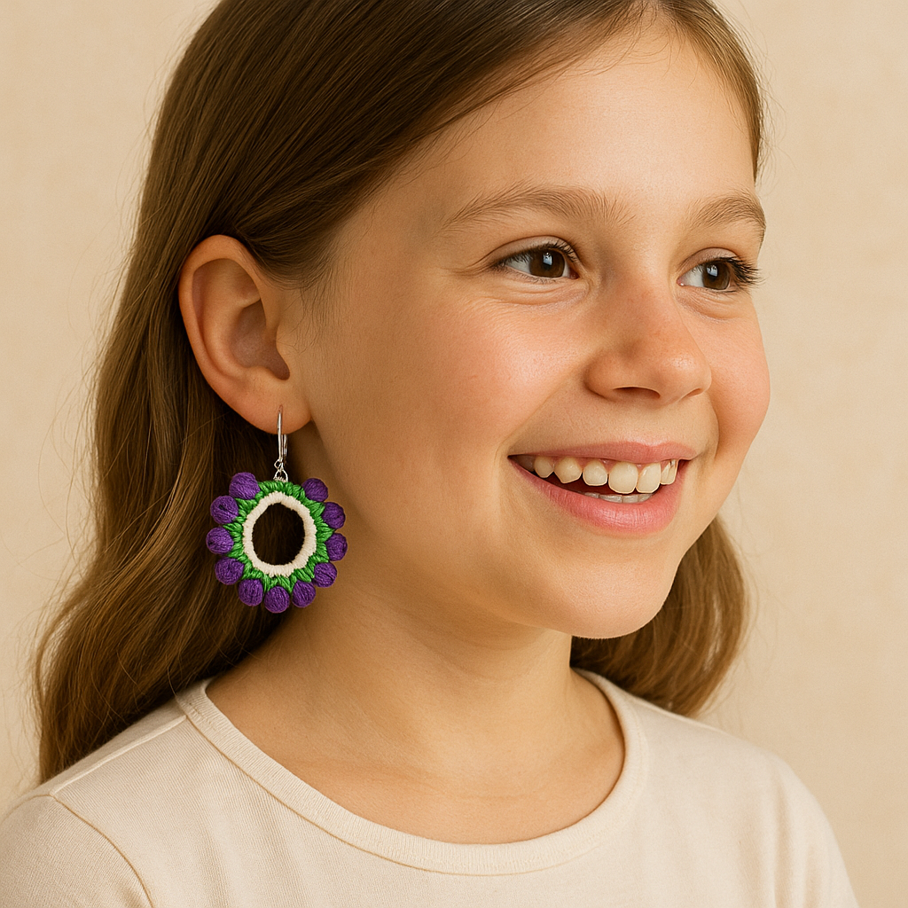 Handmade Crochet Hoop Earrings | Purple & Green Floral Design