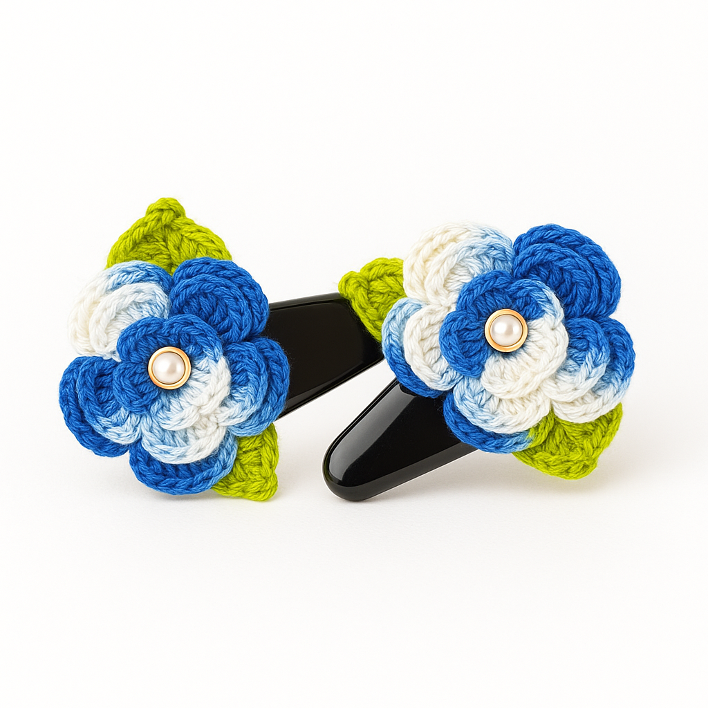 Blue & White Crochet Flower Hairpin – Set of 2