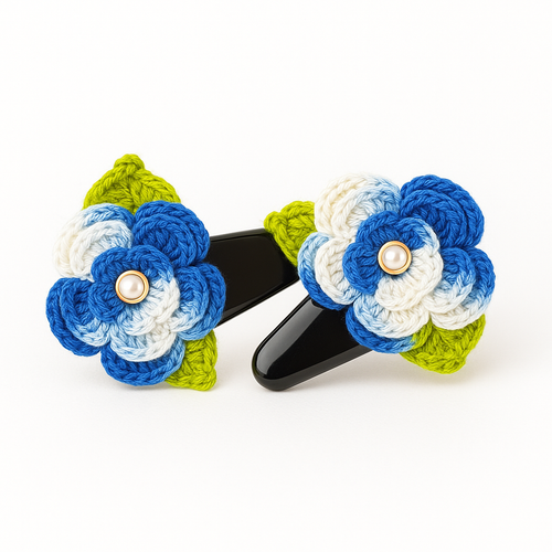 Blue & White Crochet Flower Hairpin – Set of 2