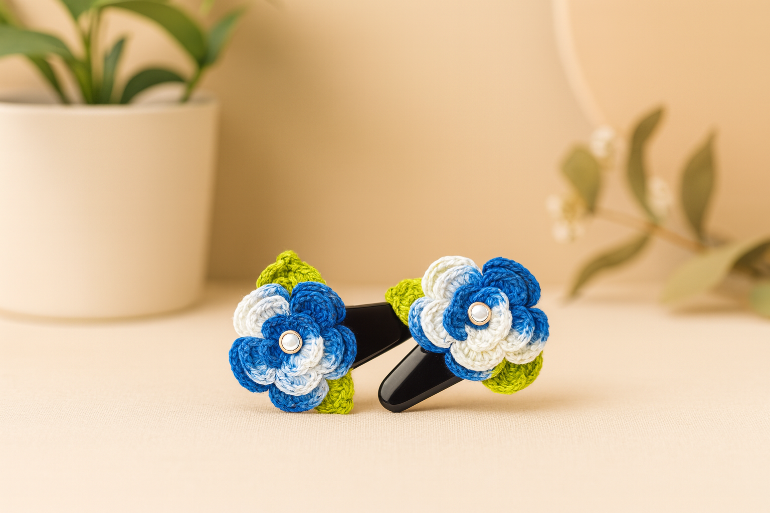 Blue & White Crochet Flower Hairpin – Set of 2