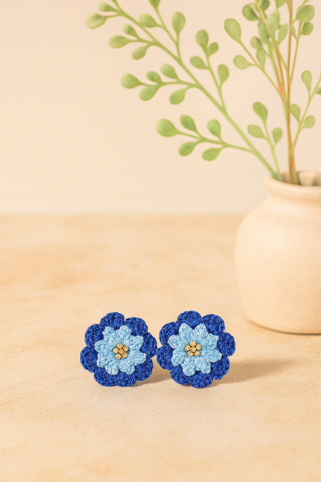 Handmade Crochet Blue Flower Earrings