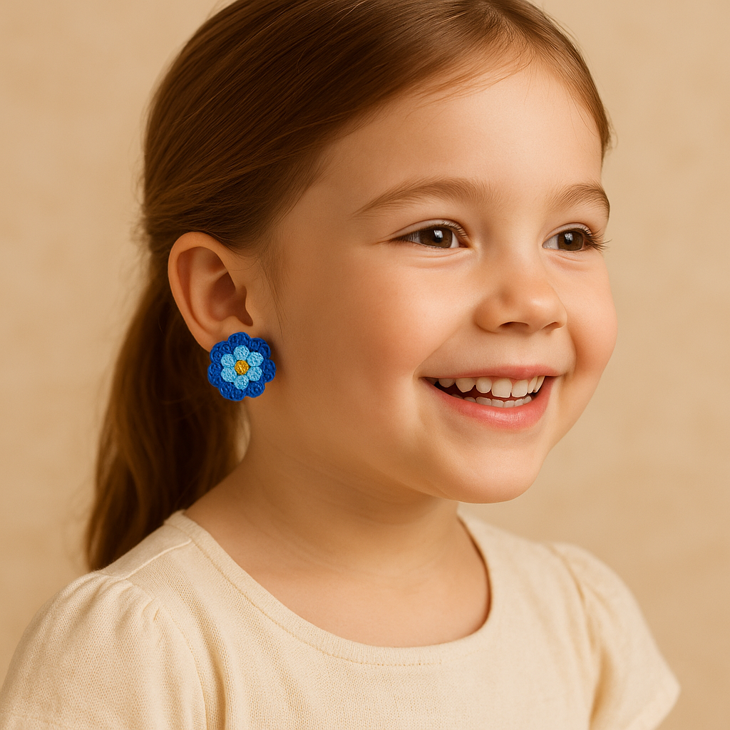 Handmade Crochet Blue Flower Earrings