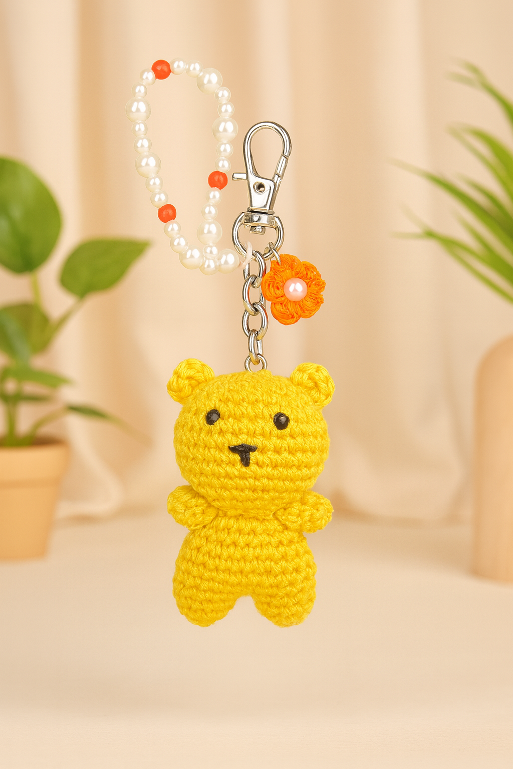 Crocheted Yellow Teddy Bear Keychain with Pearl Bead Loop