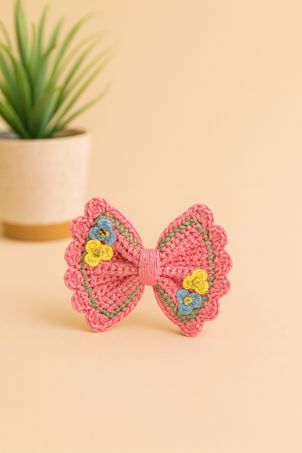 Handmade Crochet Bow Hair Clip | Pink with Floral Embroidery