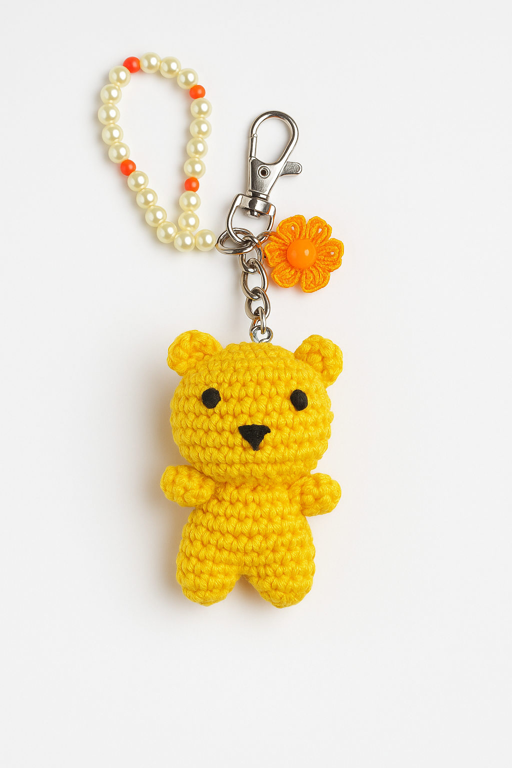Crocheted Yellow Teddy Bear Keychain with Pearl Bead Loop