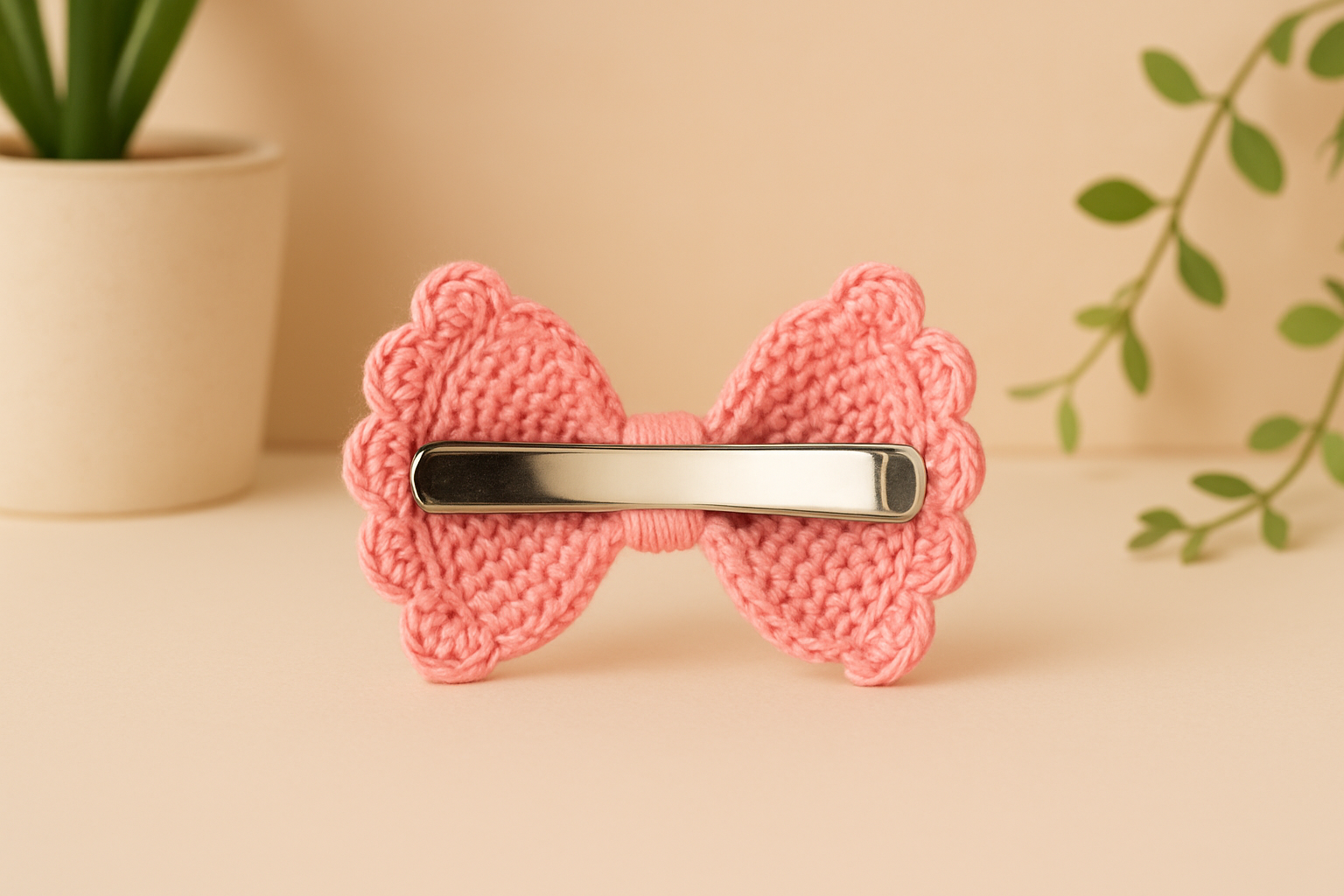 Handmade Crochet Bow Hair Clip | Pink with Floral Embroidery