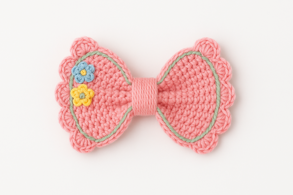 Handmade Crochet Bow Hair Clip | Pink with Floral Embroidery