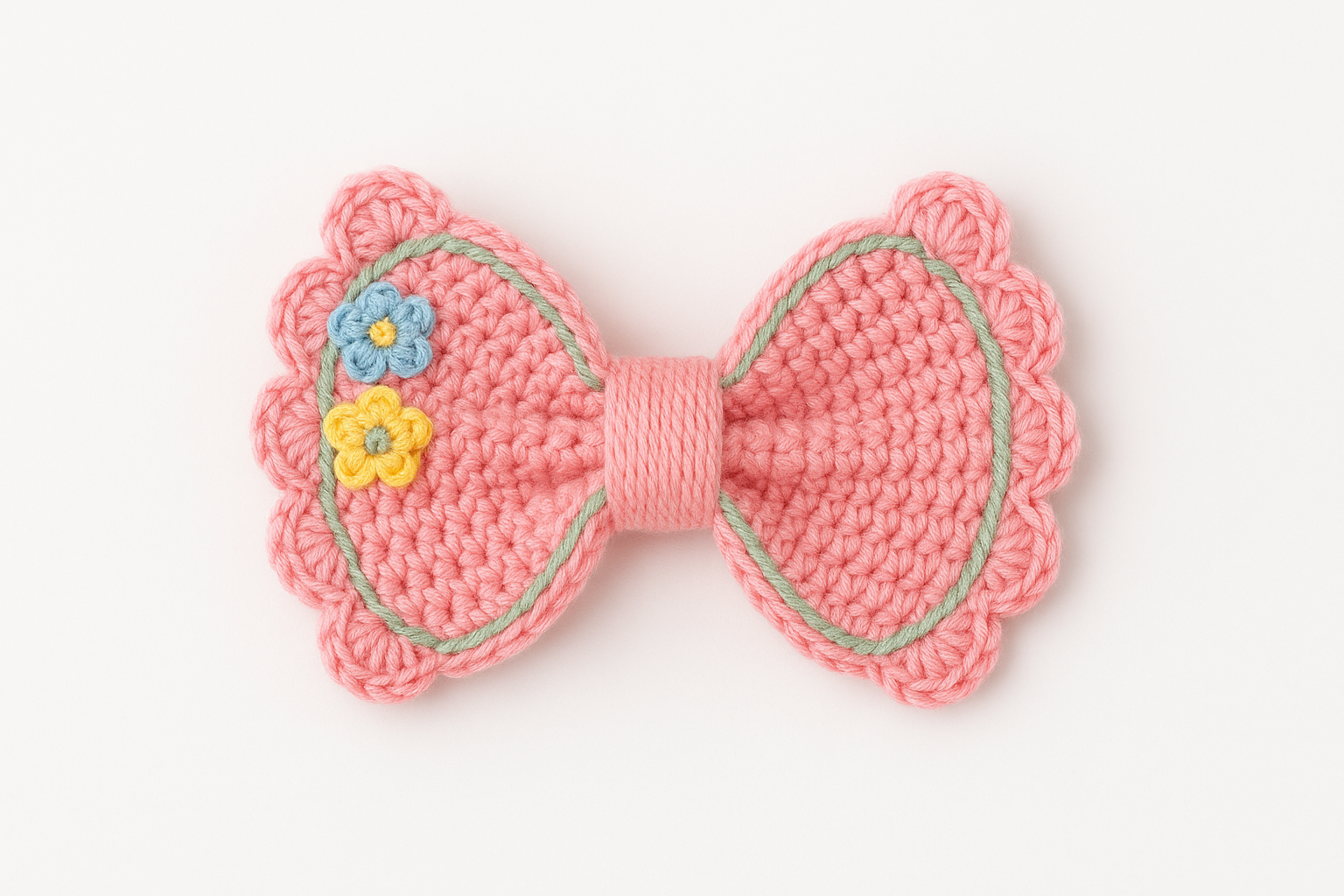 Handmade Crochet Bow Hair Clip | Pink with Floral Embroidery