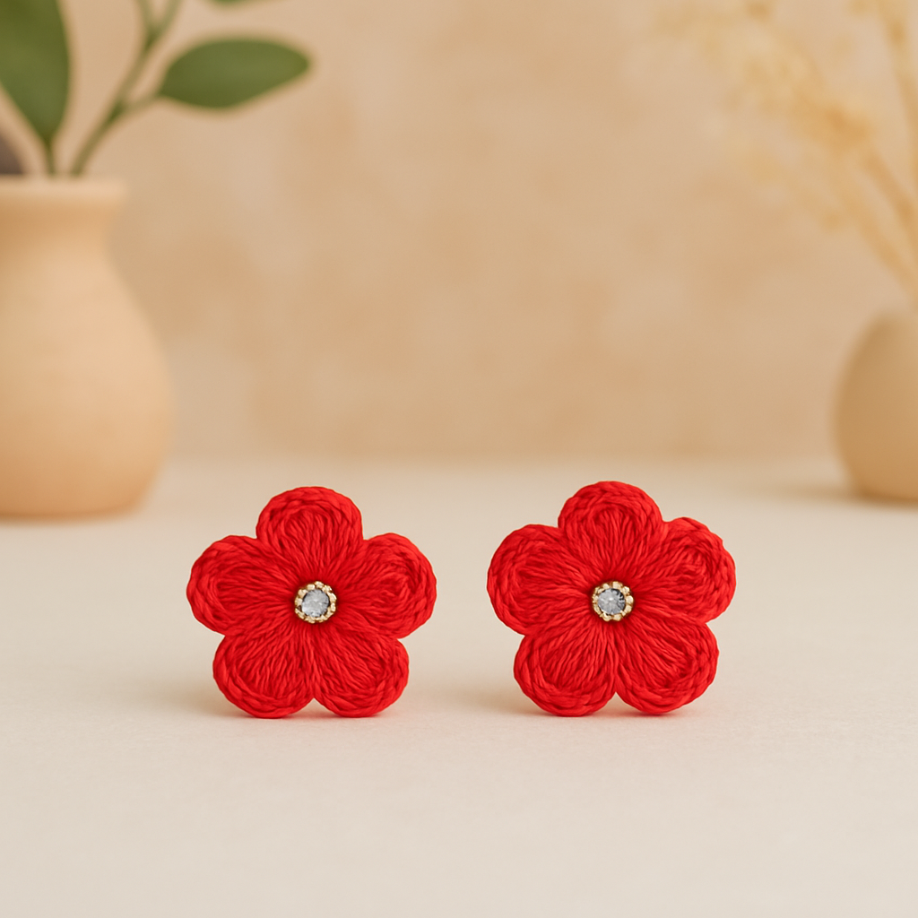 Red Crochet Flower Earrings for Girls