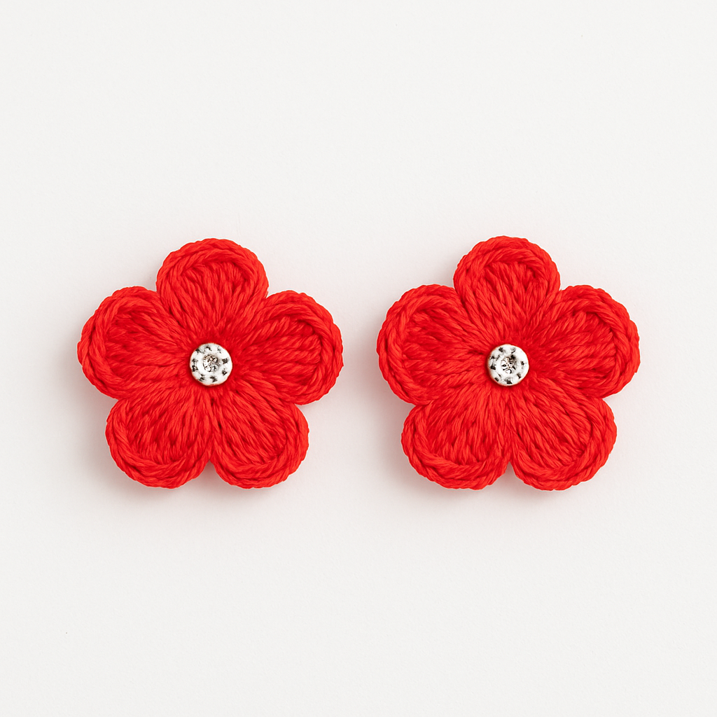 Red Crochet Flower Earrings for Girls