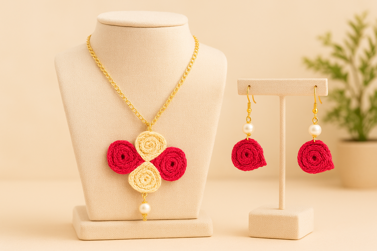 Handcrafted Red & Cream Thread Jewelry Set