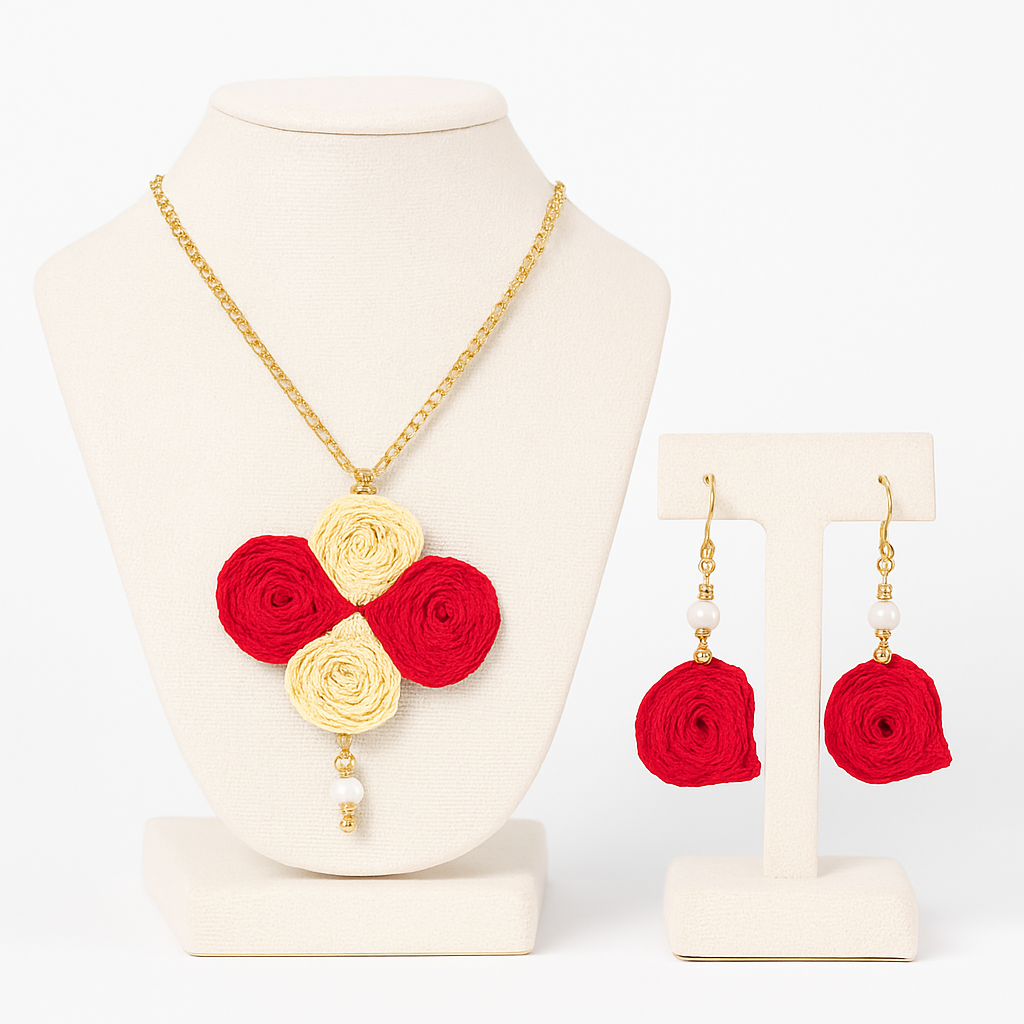 Handcrafted Red & Cream Thread Jewelry Set