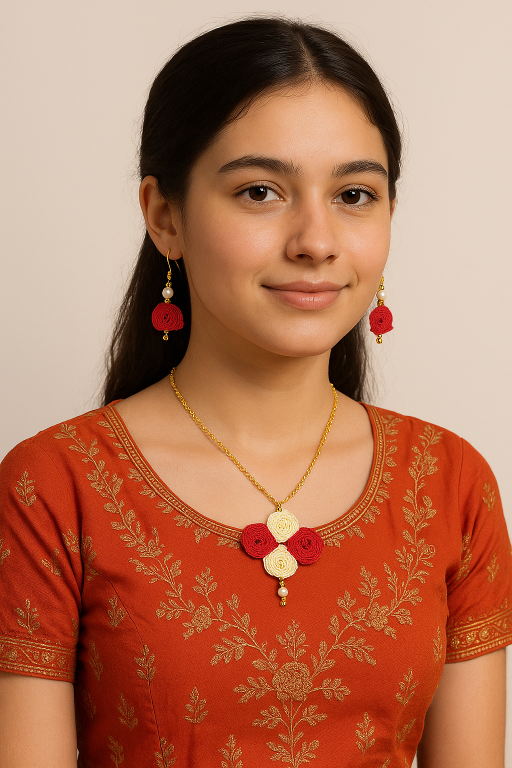 Handcrafted Red & Cream Thread Jewelry Set