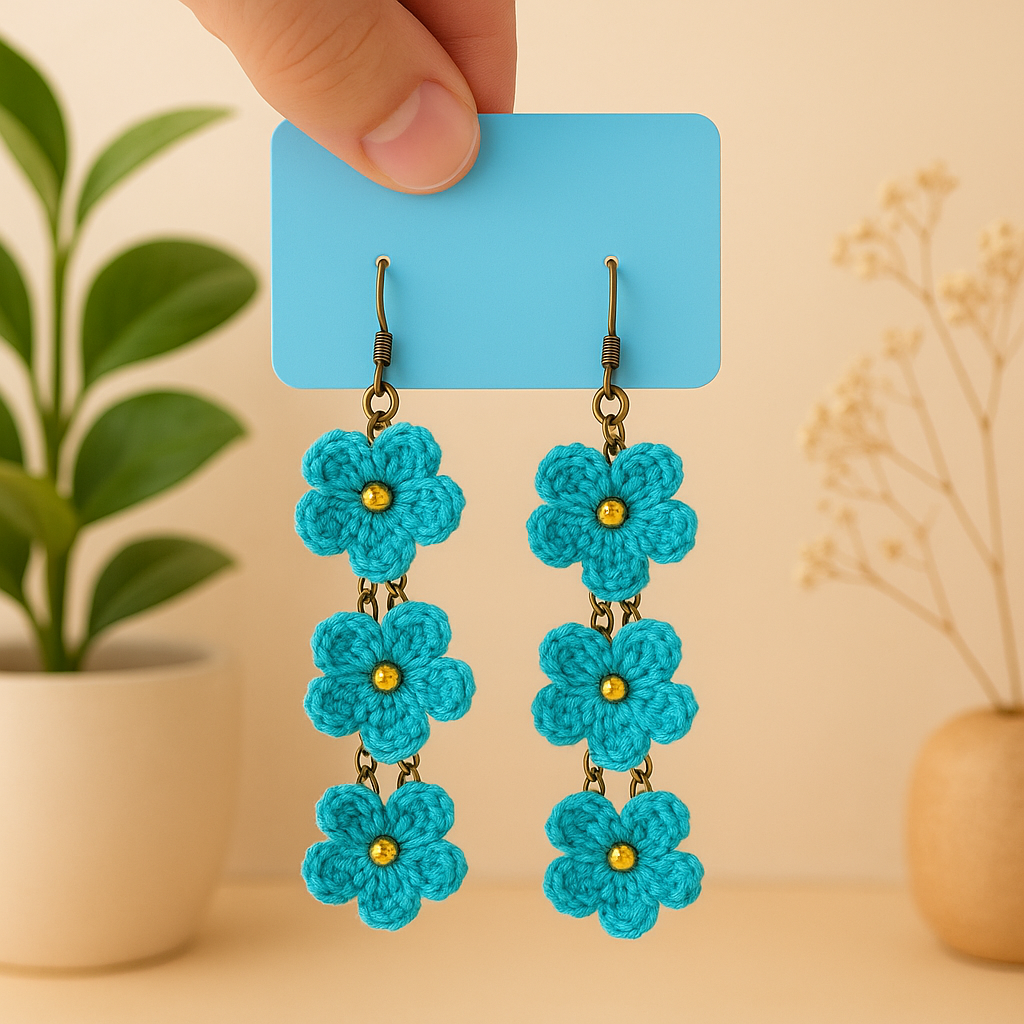 Handmade Crochet Blue Floral Earrings
