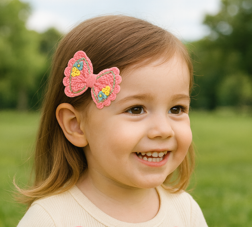 Handmade Crochet Bow Hair Clip | Pink with Floral Embroidery