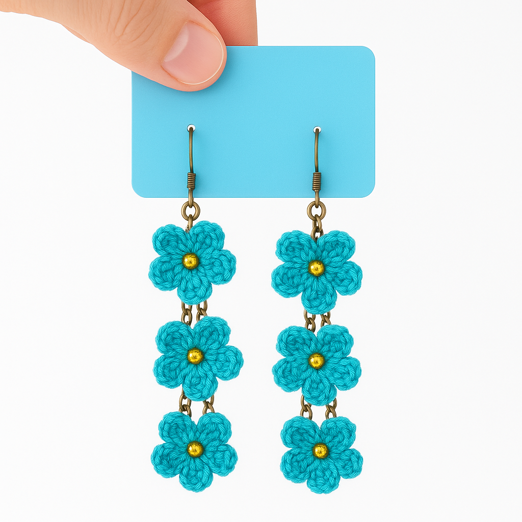 Handmade Crochet Blue Floral Earrings